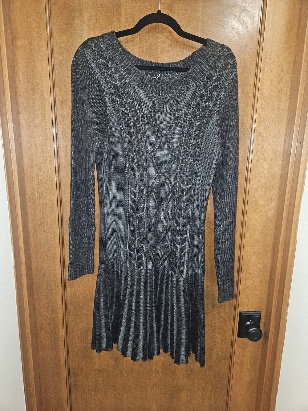 Women’s Long Sleeve Cable Knit Pleated Hem Dress - Charcoal Gray